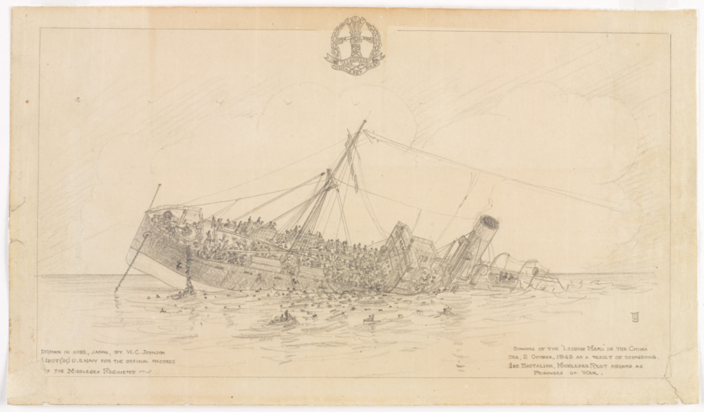 Drawing of the sinking of the Lisbon Maru Ship